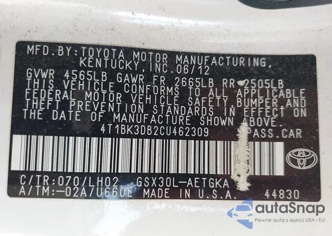 2012 Toyota Avalon из США, поврежденный, VIN 4T1BK3DB2CU462309